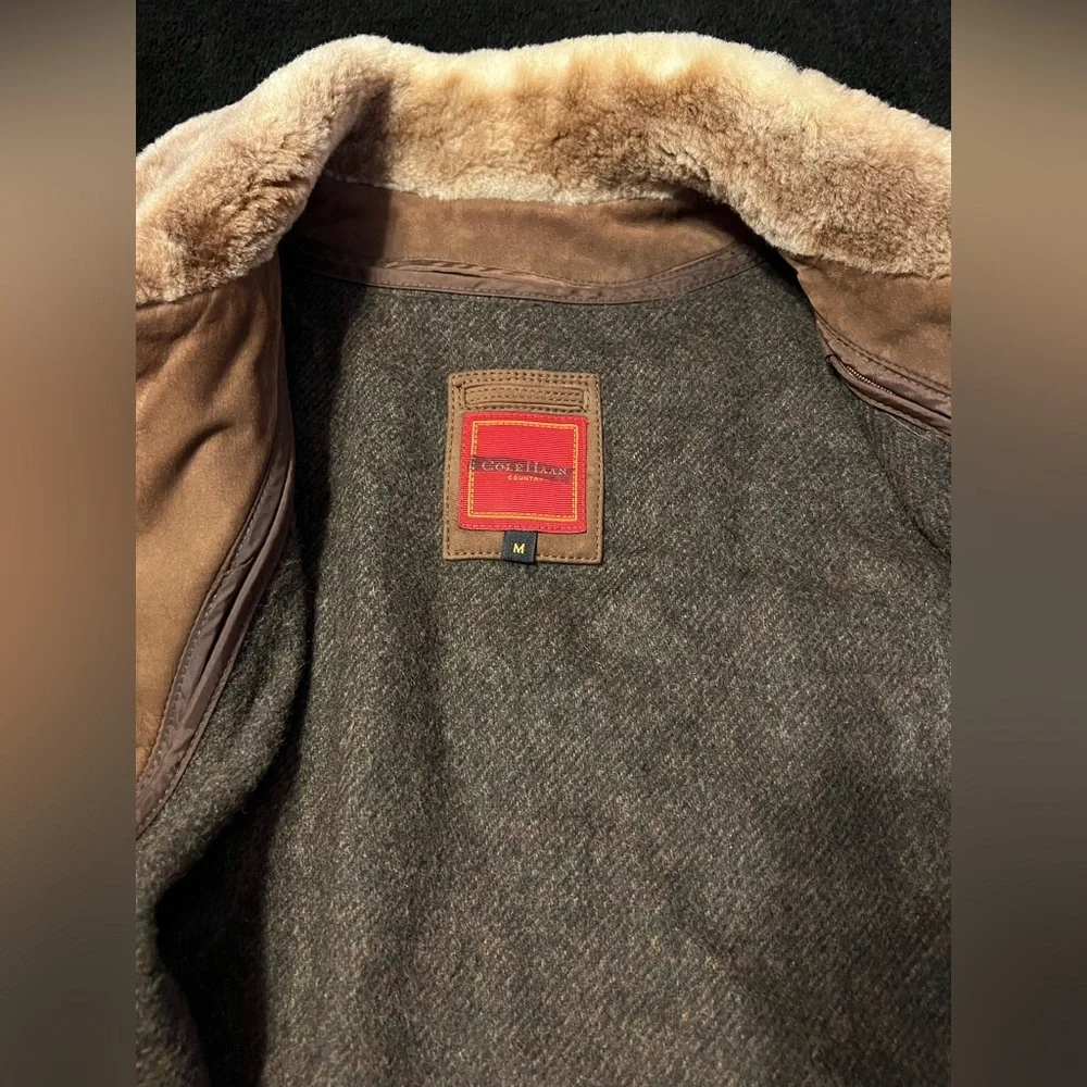 EUC Cole Haan Brown Suede Bomber Jacket/Car Coat Zip out Wool Liner